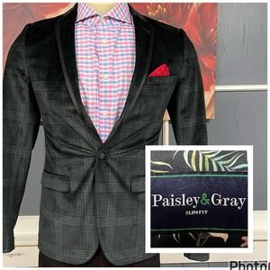 Paisley & Gray Velvet Diner Jacket Mens 36R Slim Fit Polyester Green/Black